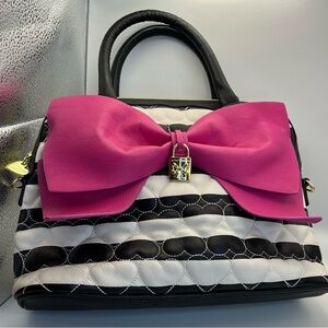 Betsey Johnson Pink Bow Black and White Satchel